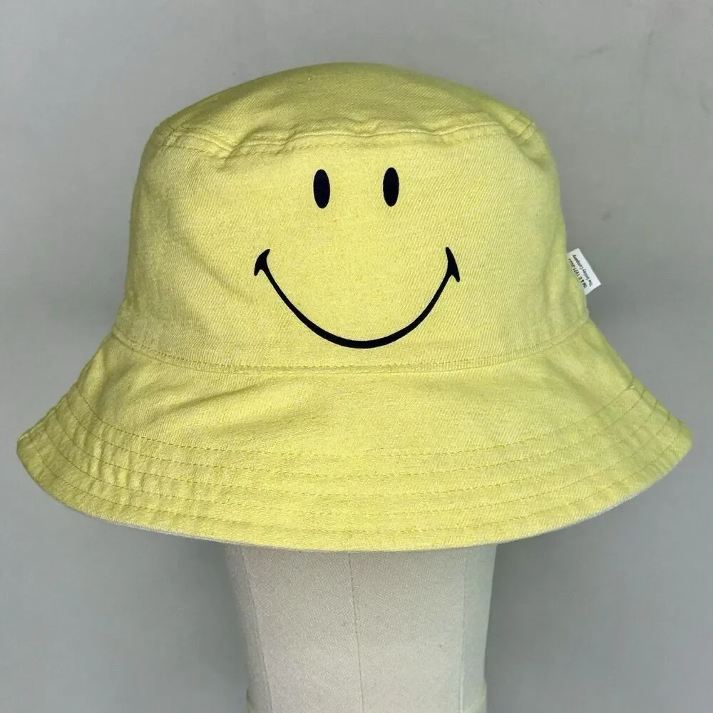 AMERICAN EAGLE Reversible Smiley Face Bucket Hat Sz O/S Yellow White Summer